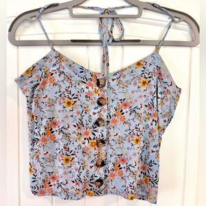 American Eagle light blue halter top with floral design